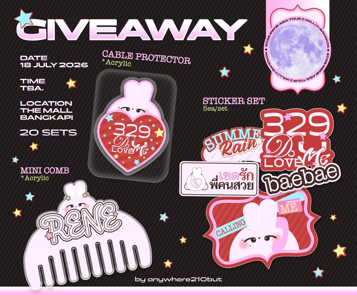anywhere210but's tweet photo. * pls kindly rt ✮

⋆.˚ giveaway 🐰🌙 ꒱·˚  

ꕤ mini comb / cable protect / sticker ꕤ
20 sets

@ The Mall Bangkapi
18/07 (time : tba)

 #IRENE_IWILL_in_BKK https://t.co/QPI57Wl5KA