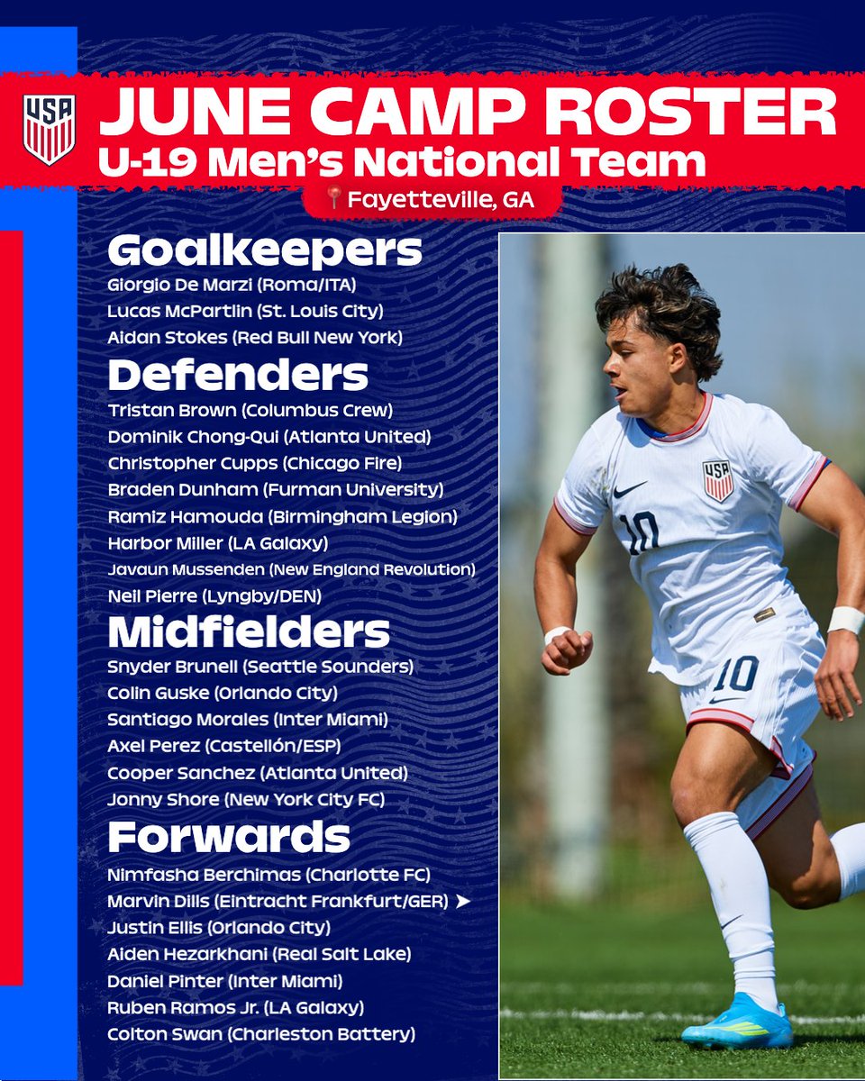 USYNT's tweet photo. 24 players called up to the #U19MNT for a domestic training camp at the Arthur M. Blank U.S. Soccer Training Center 🇺🇸

ℹ️ https://t.co/gTFHf4ngiD https://t.co/b7RUh30ods
