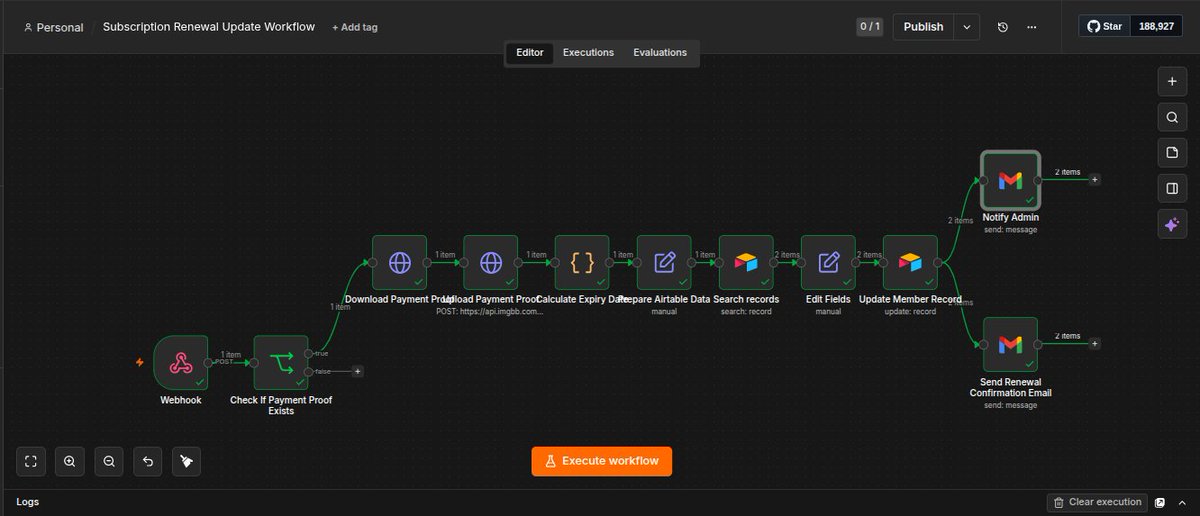 Hopeville27's tweet photo. I also built a subscription renewal workflow.

When a member renews:
→ it searches for the member
→ updates their subscription
→ recalculates expiry dates
→ uploads new payment proof
→ updates their status
→ sends confirmation emails &amp;
→ admins receive verification notice https://t.co/OIZfyWkScT