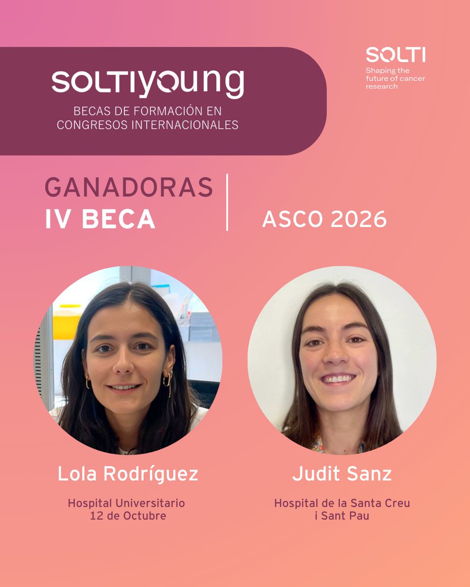 _SOLTI's tweet photo. ¡Próxima parada: #ASCO26! 

Las ganadoras de esta edición de la IV beca #SOLTIYoung de formación en congresos internacionales, Lola Rodríguez (Hospital Universitario 12 de Octubre) y Judit Sanz (Hospital de la Santa Creu i Sant Pau), tendrán la oportunidad de vivir esta experiencia formativa en uno de los principales congresos de oncología del mundo: el congreso anual de la American Society of Clinical Oncology, que se celebra en Chicago (USA).

Enhorabuena y esperamos que volváis con la mochila cargada de aprendizaje, nuevas conexiones y muchas inspiración 🙌

#beSOLTI #SOLTIYoung #ASCO26