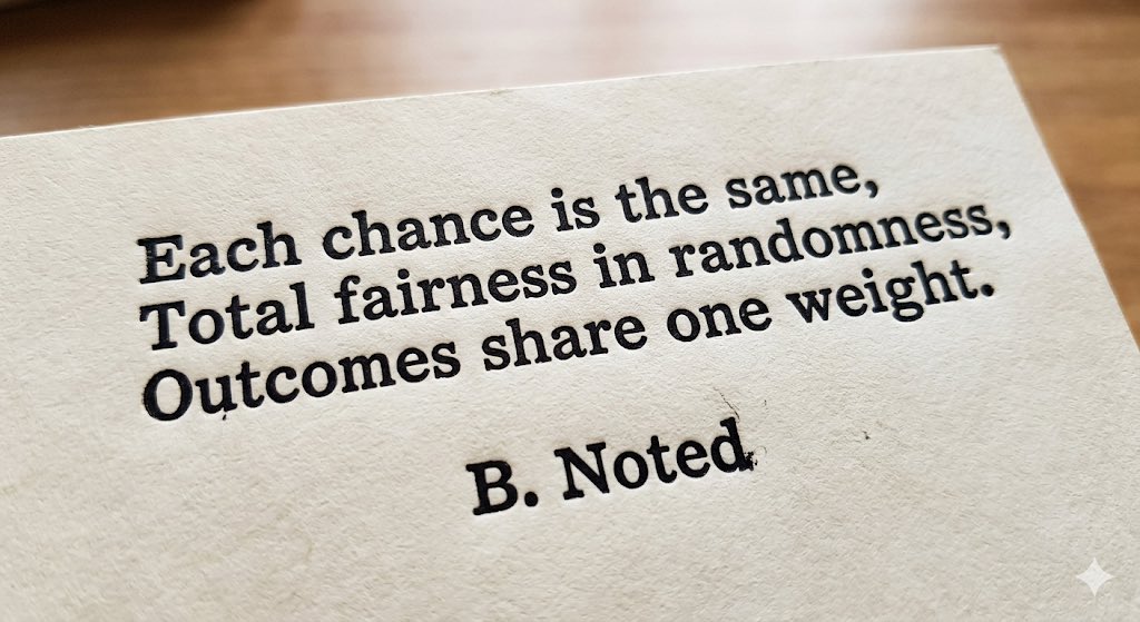 LetIt_BNoted's tweet photo. *** Equally Likely: Understanding the Uniform Distribution ***
Imagine a perfectly fair, traditional six-sided die. When you roll it, the chance of landing on a 1 is the same as landing on a 2, a 3, a 4, a 5, or a 6. No single number has an advantage over the others.
This is the core concept of a Uniform Distribution. It is a type of probability distribution in which every possible outcome has an equal probability of occurring. In the world of statistics, it represents ultimate fairness and predictability in terms of likelihood, even though the individual outcomes themselves are random.

There are two main types of uniform distributions, depending on what you are measuring.
The first is the Discrete Uniform Distribution. This applies to situations where you can count the possible outcomes on your fingers, like rolling a die, flipping a coin, or drawing a specific card from a well-shuffled deck. The outcomes are distinct, separate points, and each one holds an identical slice of the probability pie.

The second is the Continuous Uniform Distribution. This applies to scenarios where the outcomes can be any value within a certain range, including fractions and decimals.
To picture this, imagine you are waiting for a bus that arrives strictly every thirty minutes, but you have no idea what time it actually is when you walk up to the bus stop. Your waiting time could be 2 minutes, 15 minutes, or 29 minutes and 59 seconds. Every single exact moment within that thirty-minute window is equally likely.

When you look at a visual graph of a continuous uniform distribution, it looks like a flat, solid rectangle. The bottom of the rectangle spans the minimum and maximum possible values. The rectangle's height remains perfectly level across the top. This flat line represents the constant, unchanging probability across the entire range. Because the total probability of any event must always equal one hundred percent, the area inside this rectangle always represents certainty, and you can find the likelihood of an event by looking at the width of the section you are interested in.

In the real world, uniform distributions are incredibly useful, especially in technology and simulations.
For instance, whenever a video game generates a random map or a computer selects a random winner for a sweepstakes, it relies on a random number generator. These software tools are designed around a uniform distribution to ensure that every user or every possible number has an equal chance of being selected, preventing bias.
It is also used as a baseline in data science when researchers have absolutely no prior knowledge about a situation. If you have no reason to believe one outcome is more likely than another, assuming a uniform distribution is the most honest and unbiased starting point.
--- B. Noted  
￼