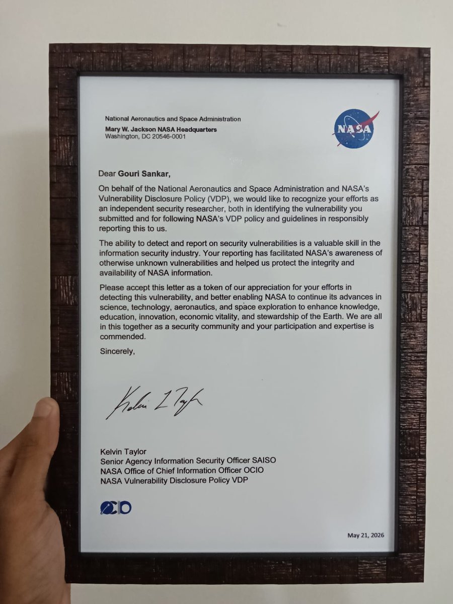 g0w6y's tweet photo. Honored to receive 2 Letters of Recognition from @NASA  for Critical (P1) Vulnerabilities.

Waiting for the 3rd one to complete the hat-trick

Thank you @NASA Security Team 

#BugBounty #CyberSecurity #NASA #Hacker #SecurityResearch https://t.co/AENnEuIA1e