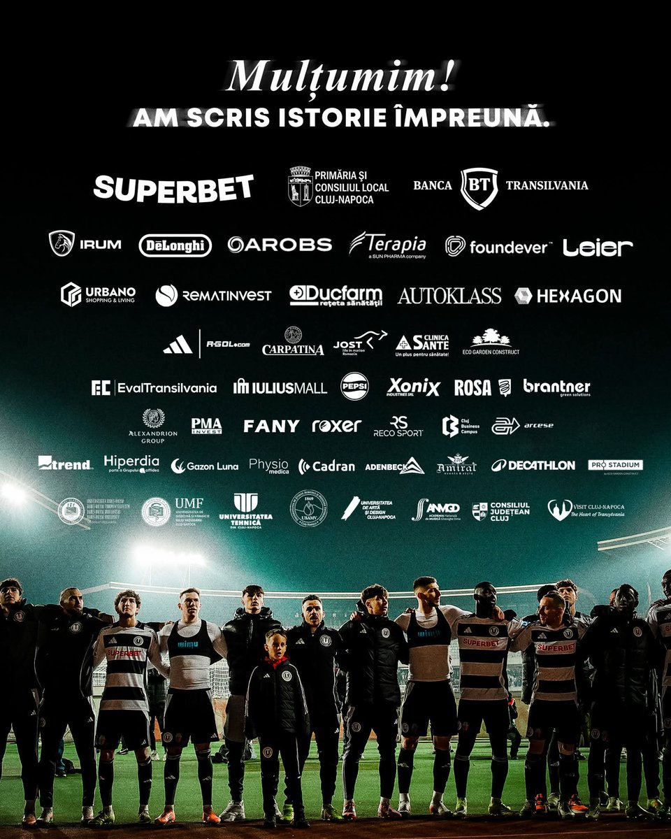 FCUCluj's tweet photo. ✅ Calificare în cupele europene pentru al doilea an consecutiv
✅ Cea mai bună clasare din ultimii 93 de ani
✅ Lider în play-off pentru patru etape
Toate acestea realizări dintr-un sezon istoric nu ar fi fost posibile fără susținerea voastră 🤝 Vă mulțumim! 🤍🖤 https://t.co/1KKfTufFyb