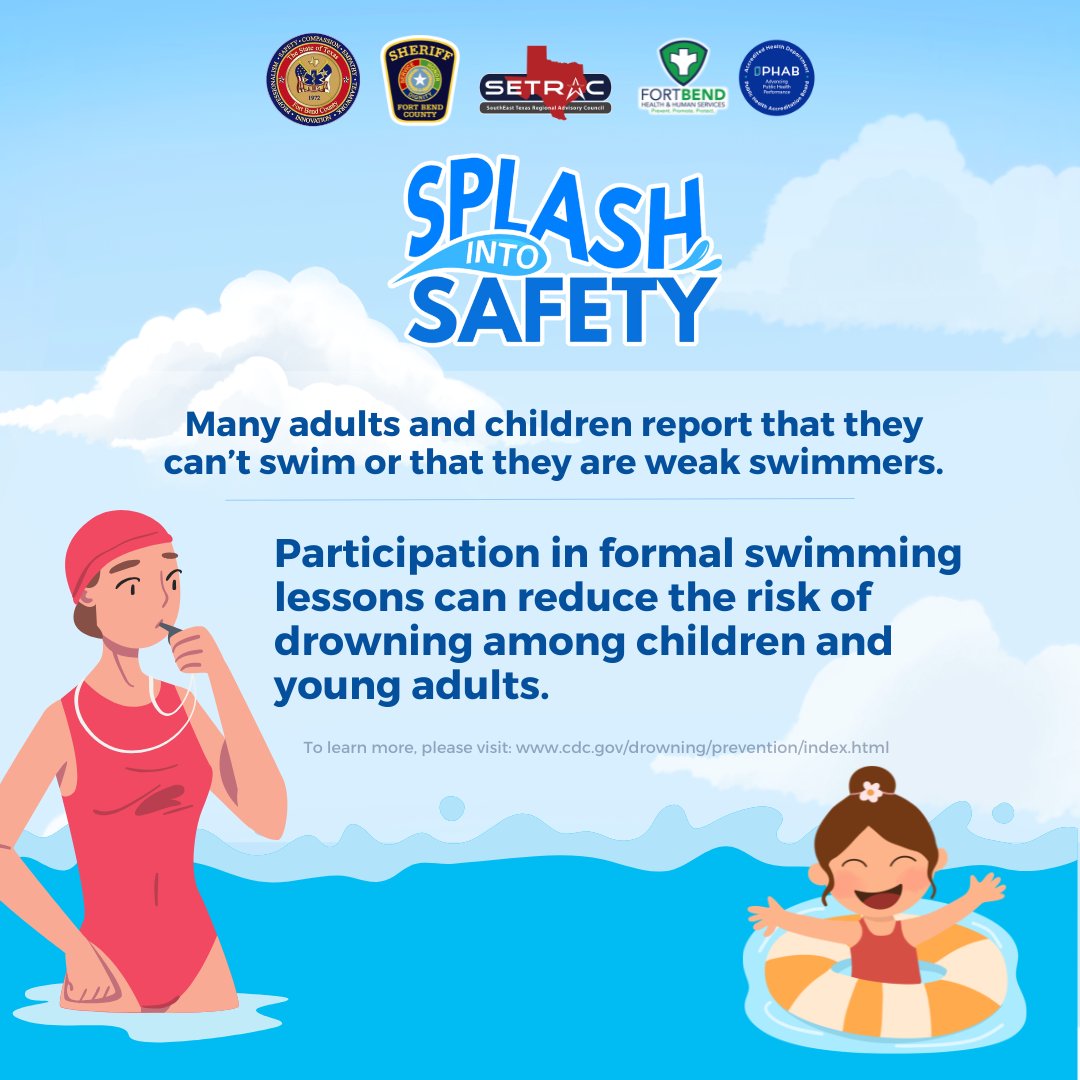 FortBendHealth's tweet photo. Swimming lessons can reduce the risk of drowning.

Las classes de natación pueden reducir el riesgo de ahogamiento.
#SplashIntoSafety #FBCHHS #Summer #Pool #Sun #Vacation #FortBend #FBCEMS https://t.co/SQX6sMHkwY