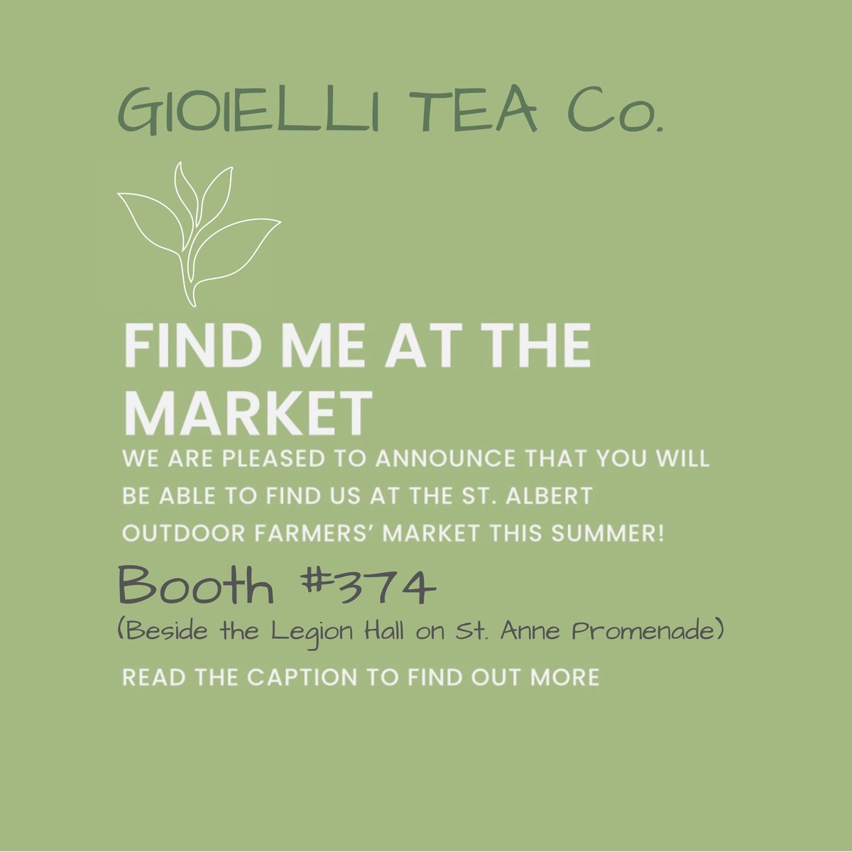 GioielliTeaCo's tweet photo. MARKET SEASON OPENS SOON IN ST. ALBERT! 🗓️ Sat June 6th • 10am-3pm
Find us at our new booth 374

~St. Albert Farmers’ Market~
#lifeinstalbert #t8nliving #farmersmarket 
#shoplocal #supportlocal #community https://t.co/4RRGl1ML9t