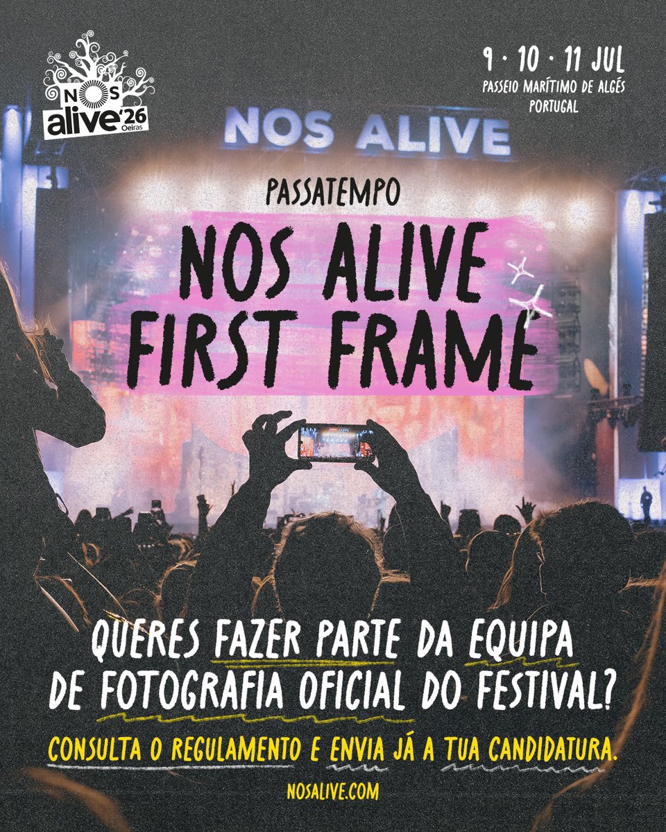 NOS_Alive's tweet photo. Tens olho para captar momentos que ficam para sempre? O teu próximo clique pode levar-te para o NOS Alive'26 ☀️🎶

No NOS ALIVE | FIRST FRAME estamos à procura de um jovem fotógrafo para integrar a equipa de fotografia do festival.

📸 Participa em https://t.co/BHZSeaFfHY https://t.co/WgX3xt4T0Q