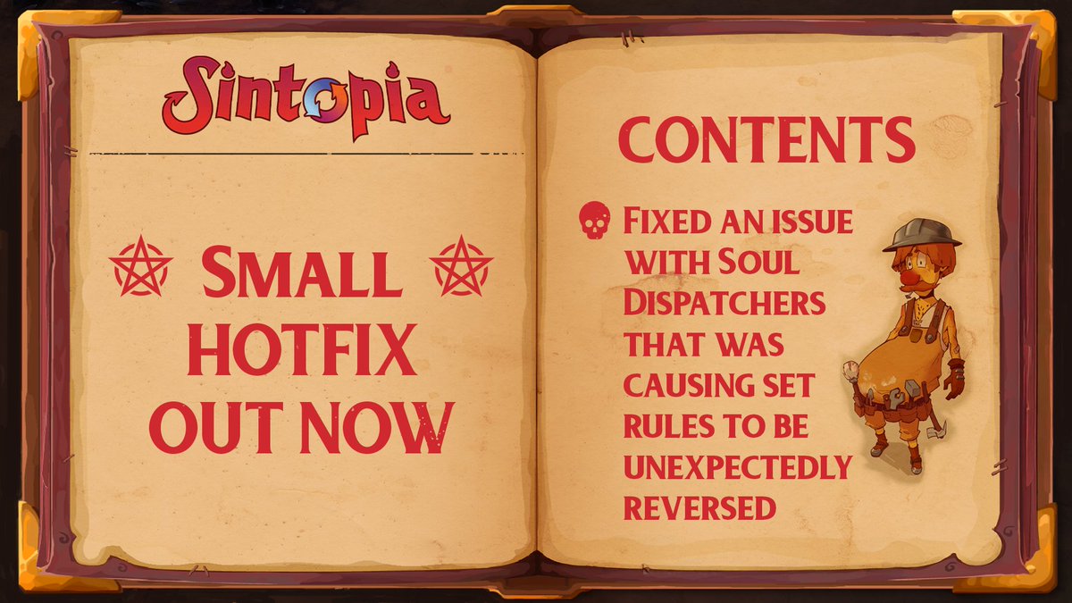 SintopiaGame's tweet photo. 📢 Hotfix live for Sintopia on Steam!

Our Imp-erfect technicians continue to ensure Hell's smooth operation🔧

Fix:
➡️ A bug causing a Soul Dispatcher that's set-up with the same rules as another dispatcher, to reverse its rules

Fix notes 👇
https://t.co/UVkFEf7fE2 https://t.co/6nZ0uMLYAv