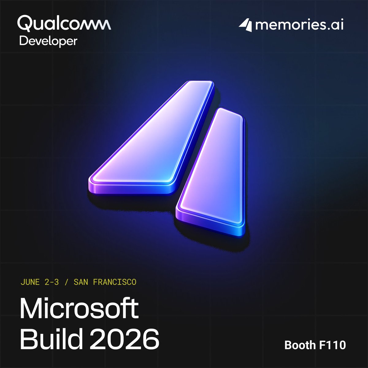 Qualcomm_Dev's tweet photo. See how @memories_ai is building visual memory for Snapdragon powered devices at #MSBuild.

Check out the demo at booth F110 to learn how Memories AI gives devices visual context on device for maximum privacy and performance. https://t.co/pGK99L8IZM