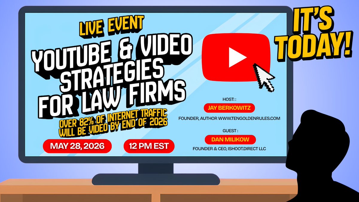 JayBerkowitz's tweet photo. We’re live today at 12 PM EST.

Join me for a practical session on YouTube and Video Strategies for Law Firms.

🎥 What videos drive consultations
⚖️ How video supports Ai search and SEO
📈 The best platforms for law firm video today

Special Guest Speaker:
Dan Milikow, Founder of https://t.co/jC2IkLX2EM and former leader of Gartner’s internal video team for 15 years, sharing insights from producing over 10,000 hours of video content for major brands.

If your firm is investing in growth, this is a conversation worth attending.

Join us live:
https://t.co/2JL14bInod

#AttorneyMarketing #LegalMarketing #AiSEO