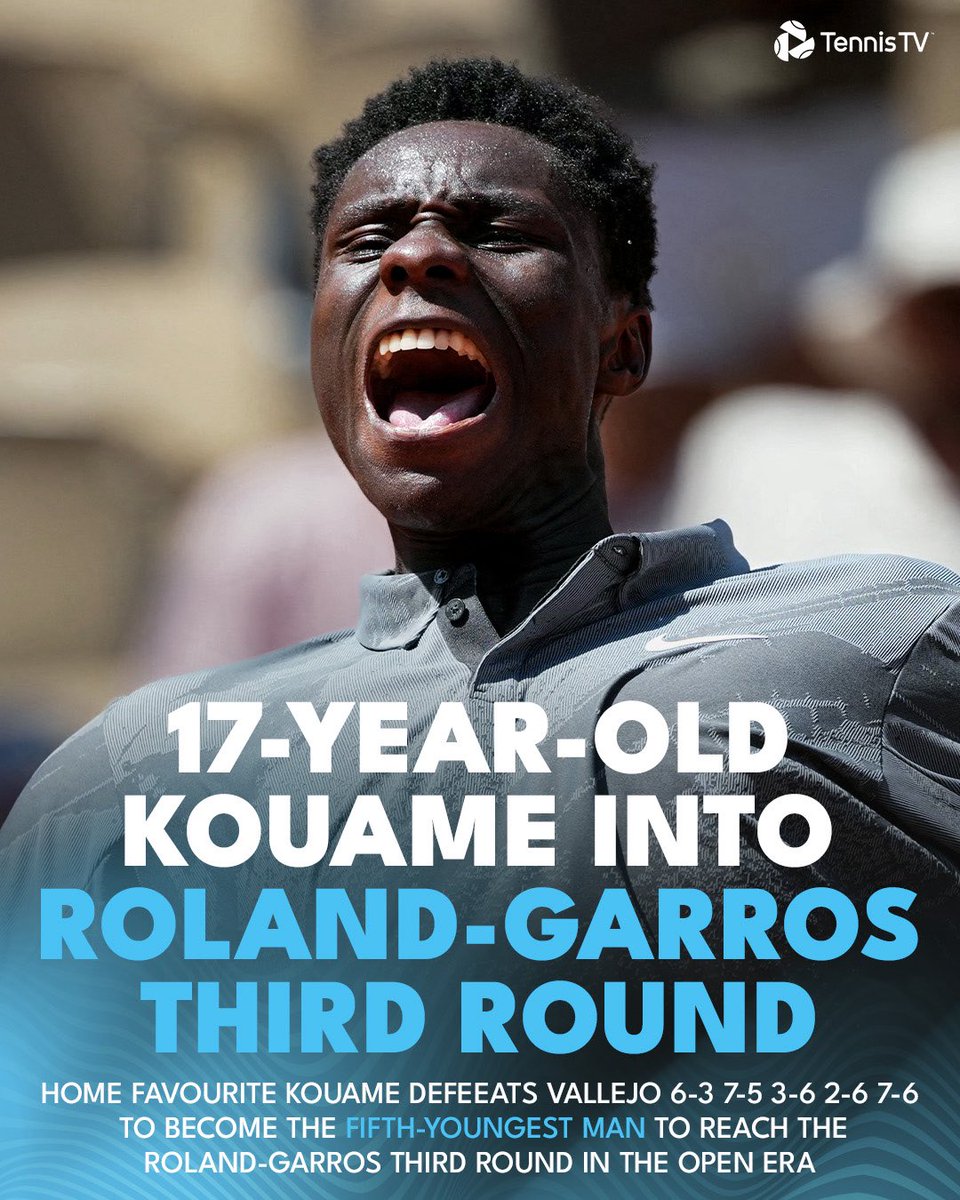 TennisTV's tweet photo. MOISE KOUAME. 

17-YEARS-OLD. ROLAND-GARROS THIRD ROUND. 🗣️🇫🇷

@rolandgarros #RolandGarros https://t.co/95qMUg9LWq