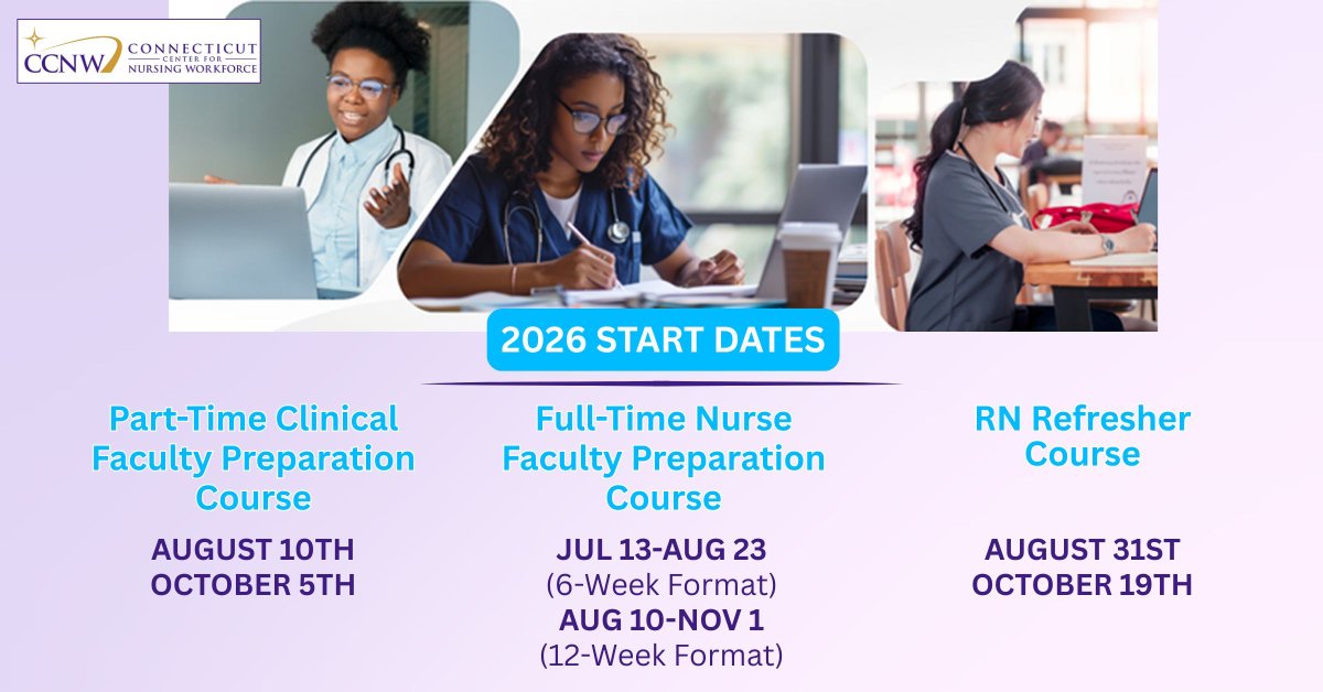 nurseworkforce's tweet photo. #CCNWOnlineEducation Course Start Dates | https://t.co/XDaDouGEK5

• RN Refresher | Aug31

• PT Clinical Faculty Prep | Aug10

• FT Nurse Faculty Prep | Jul13-Aug23 (6Wk) | Aug10-Nov1 (12Wk)

💻 Peggy Mallick 203-915-6952 | peggy@ctcenterfornursingworkforce.com https://t.co/Fqhu2Zj2KY