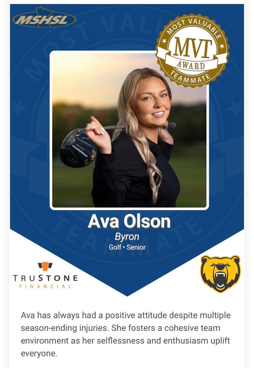 ByronActivities's tweet photo. Congratulations to Ava Olson. Very deserving award for a great kid. Good luck in the section golf championship today!! https://t.co/ZcbXL6eNB7
