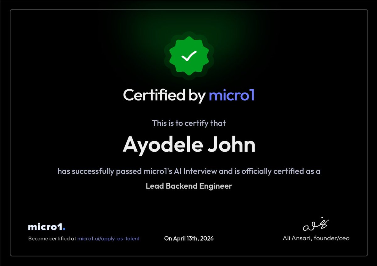jcode_Code's tweet photo. Officially certified as a Lead Backend Engineer by micro1. 

Passed their AI-powered interview, not the easiest thing I've done.

On to the next build. https://t.co/jBsbcJYwYa