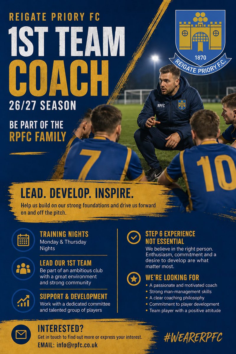 ReigatePrioryFC's tweet photo. We’re expanding our team!

If you’re an ambitious coach, wanting to work with an excellent group of lads with heaps of talent, @coach_dkwyatt is adding to his management team for the upcoming season!

Please get in touch if you would like to discuss. https://t.co/Tj8UJDYfMs