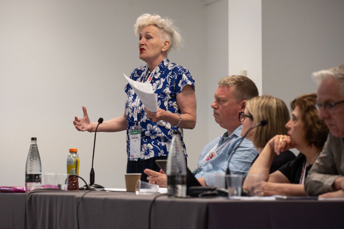 ucu's tweet photo. “The government seems to have money for weapons, not for education.” 

UCU president Maria Chondrogianni alongside @CNDuk general secretary Sophie Bolt, @RMTunion past president Alex Gordon and @ChrisNineham, deputy chair of @STWuk and @DrJoGrady https://t.co/AP0ddQnEjZ