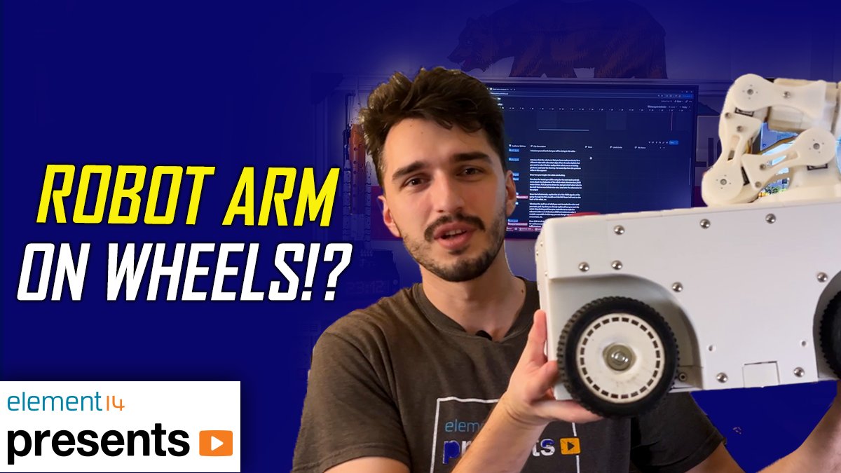 E14Community's tweet photo. Using aluminum extrusions, DC geared motors, and an @NXP RW612, @milosrasic turns a servo driven robot arm into a modular, Wi Fi controlled mobile platform in the last #element14presents video: https://t.co/7rq2WJ55B9 https://t.co/6ad0Hh5rfS