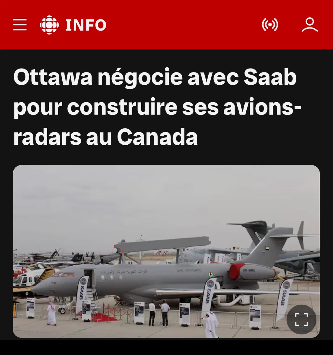 Titre d'un article intitulé : Ottawa négocie avec Saab pour construire ses avions-radars au Canada