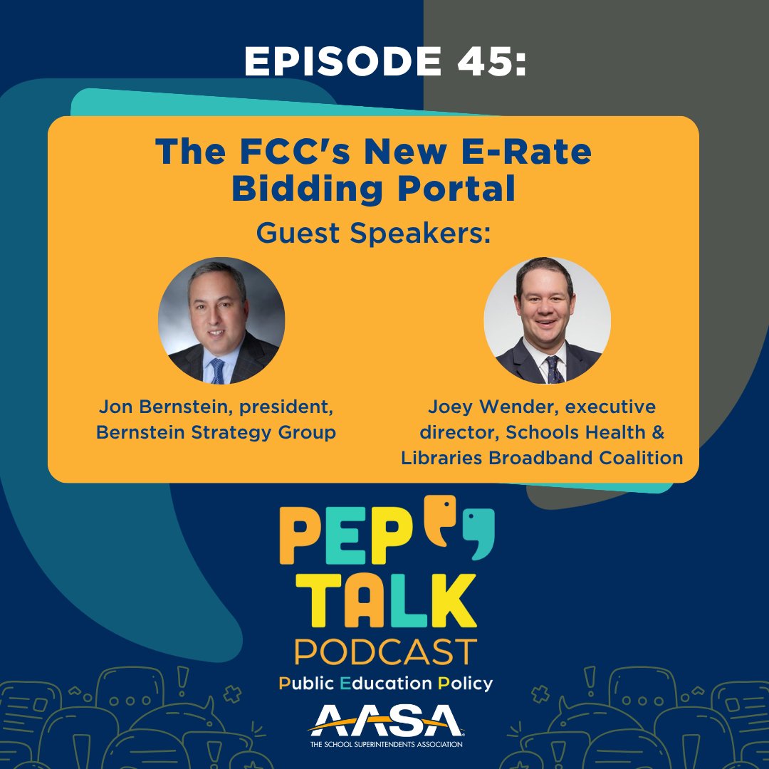 AASAdvocacy's tweet photo. Just in: a new #PEPTalk episode! This week, we're talking about the FCC's new centralized #ERate bidding portal for K-12 districts and what it means for school district leaders and technology officials. Check it out: https://t.co/vW5ylp8M4C https://t.co/jZjsIevaGi