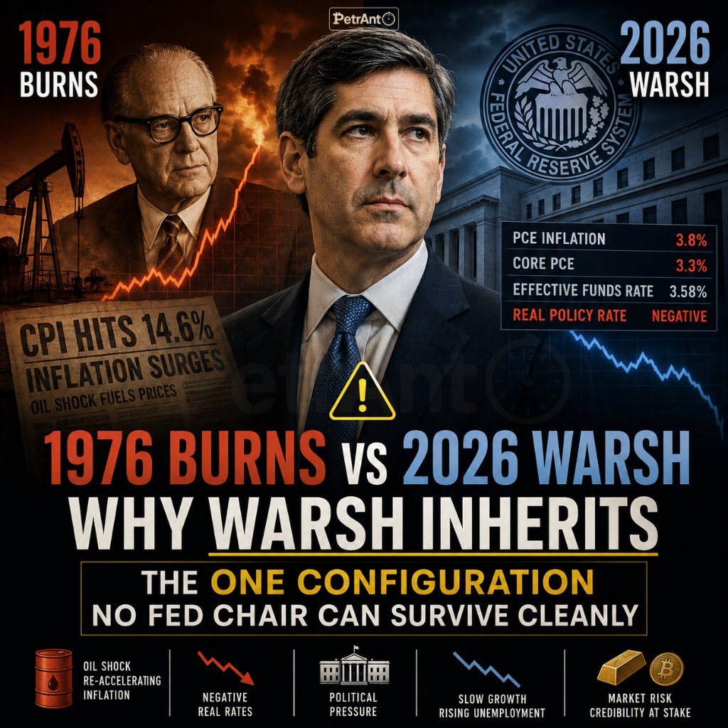 petranto's tweet photo. 1976 Burns vs 2026 Warsh - Why Warsh Inherits the One Configuration No Fed Chair Can Survive Cleanly

This morning the Fed's preferred inflation gauge printed 3.8% - the hottest since May 2023 - and core PCE hit 3.3%, the highest since October 2023. 
But the number nobody put in the headline is the one that matters: the effective funds rate sits near 3.58%, inside a 3.50–3.75% target. 
👉 Headline inflation is now running above the policy rate. The real policy rate just went negative again.

That is the whole story in a single line. 
The Fed cut three times into the back half of 2025, held through 2026 so far, and is now easing - in real terms - straight into a re-accelerating inflation impulse driven by the Hormuz oil shock. 
I have argued for two years that we were heading into a regime change. We are now living in it... And the man who has to navigate it spent the last decade warning anyone who would listen about exactly this trap.

🔹The projections are already obsolete 🔹

Read the Fed's March Summary of Economic Projections (SEP) and you see a central bank that did not see this coming. The median dot penciled in one more 25bp cut for 2026 and one for 2027. 
Participants saw PCE cooling to 2.7% by December 2026. We are in April - eight months early - and the print is 3.8%. 
➡️ The Fed's own year-end forecast has been overshot by more than a full point before the summer has even started.

When the June 16–17 meeting arrives, the dots will not be revised - they will be rebuilt. 
The easing bias that has anchored every rally in rate-sensitive assets since last autumn is about to be quietly euthanized. 
➡️ Watch the 2026 median: if it moves to zero cuts, that is a signal. If a single dot starts pricing a hike, the regime change has become official policy.

🔹 Enter Warsh - the hawk hired to cut 🔹

Kevin Warsh was sworn in on May 22. 
Understand the paradox I laid out in my post (The Warsh Paradox) back in February: on the record, he is the most hawkish chair in a generation. He spent years attacking QE, demanding faster balance-sheet runoff, calling for a narrower mandate and - his words, not mine - "regime change" at the central bank...
But he is also a Trump appointee, installed by a president who has been screaming for rapid cuts and who told a rally crowd the day Warsh took the oath that rates would come down "very quickly."

So the new chair walks in with a mandate from his patron that is the precise opposite of his own stated convictions, at the exact moment inflation turns back up. 

He cannot deliver fast cuts without torching the credibility he built a career on. 
He cannot hold firm without defying the man who gave him the job, and... 
He does not even have a clean board - Powell stayed on as a governor with a vote, alongside an institutionalist bloc already nervous about easing with inflation above target and rising.

🔹 The stagflation vise makes it worse 🔹

Here is the cruel part. 

Q1 GDP was just revised down to 1.6% annualized. Unemployment is drifting toward the Fed's 4.4% projection. Growth is softening while inflation accelerates - the textbook stagflationary bind. 

Warsh cannot even lean on a red-hot labor market to justify a hold. He has to tighten the message into slowing growth, which is the single hardest political position a chair can occupy: defending price stability while the other half of the dual mandate visibly deteriorates and the White House points at every weak data point as proof he should cut.

🔹We have seen this movie before... and it does not end well 🔹

This is what should keep every macro investor up at night. 

The configuration we have today is not new. It is 1976:
▫️ Oil-driven inflation spike, 
▫️ Fed running negative real rates, 
▫️ A chair under intense political pressure to keep policy loose.

Arthur Burns eased after the first oil-shock wave crested in 1974. 
Inflation obligingly fell from ~12% toward 5% by 1976, and the Fed - with Nixon's thumb on the scale - kept real rates low rather than finishing the job. 
The second wave came anyway. 
CPI ran back to 14.6% by 1980, and it took Volcker, 20% funds rates and two recessions to break it. 

➡️ The lesson of the Great Inflation was never that the Fed failed to hike. It was that the Fed cut too early, declared victory at 5%, and let a supply shock metastasize into an expectations problem.

The cleaner, more recent rhyme is 1998: 
The Fed cut 75bp as insurance against LTCM and Russia, the cuts proved premature, and it spent 1999–2000 hiking to 6.5% - straight into the dot-com top. 

➡️ Premature easing is rarely free. It is borrowed, and the bond market always collects with interest.

🔹 Actionable Advice for Wise Investors 🔹

I do not think Warsh cuts in June. 
I think his first act is a hawkish hold dressed as data-dependence, an SEP that drops the easing bias, and - watch this closely - a signal on accelerating the balance-sheet runoff. 
QT is his tell. It lets him tighten financial conditions while leaving the headline funds rate untouched: precisely the move a chair makes when he wants to fight inflation without publicly humiliating the president who hired him.

The risk case is the one that matters for portfolios. 
If political pressure wins and he cuts into a 3.8% print, he does not become the dove Trump wants - he becomes Burns. 
The long end will not cooperate. You would see the curve bear-steepen, 10s grind back toward 4.8–5%, the dollar wobble on credibility rather than rate differentials, and gold ( $GLD ) and bitcoin ( $BTC ) do what they always do when the market stops trusting the central bank's spine...

Either way, the era of the Fed put on "meeting by meeting" autopilot is over. 
Warsh knows the Burns story cold. The only question left is whether knowing it is enough to keep from repeating it.

The Fed spent a decade printing the inflation. Now the man who warned about it runs the building. 
The first cut he makes - or refuses to make - tells you which chair he intends to be.