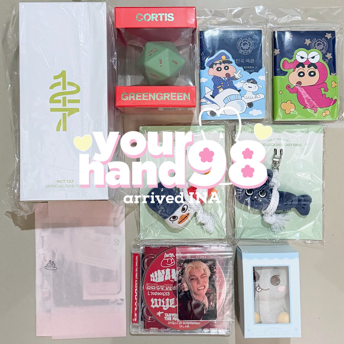 yourhand98's tweet photo. #arrivedyh98 

♡ nct 127 official light stick | cortis album dice ver | shinchan passport case | riize riizing loud finale md | taeyong album wyld album | postcard by hueart https://t.co/QlDQJuJQyo