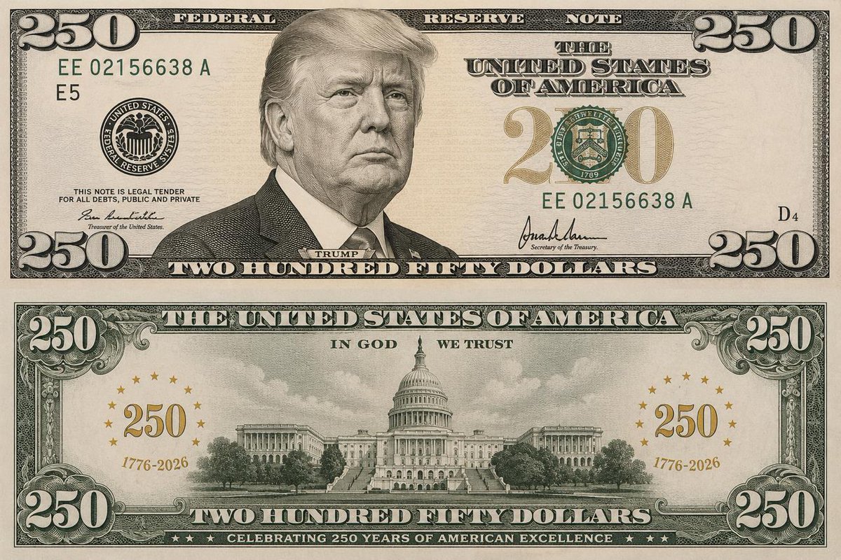 WealthForG's tweet photo. Trump admin officials are pressing the Bureau of Engraving &amp; Printing to design a new $250 bill with President Trump’s portrait for the 2026 U.S. 250th anniversary.
If launched, he’d be the first living person on U.S. currency since the 1866 ban.
Does this have your full support? https://t.co/W00zM1mHAD