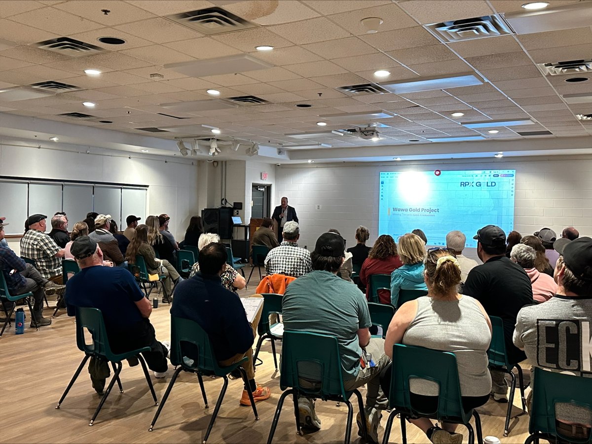 RPXGold's tweet photo. Wawa Going for Gold Town Hall (May 26) saw strong community turnout in Wawa. RPX Gold CEO Michael Michaud, Eric Steffler, and Civita Consulting shared project updates and engaged with residents. 
Thank you for your support! https://t.co/6R3ulWC3IH