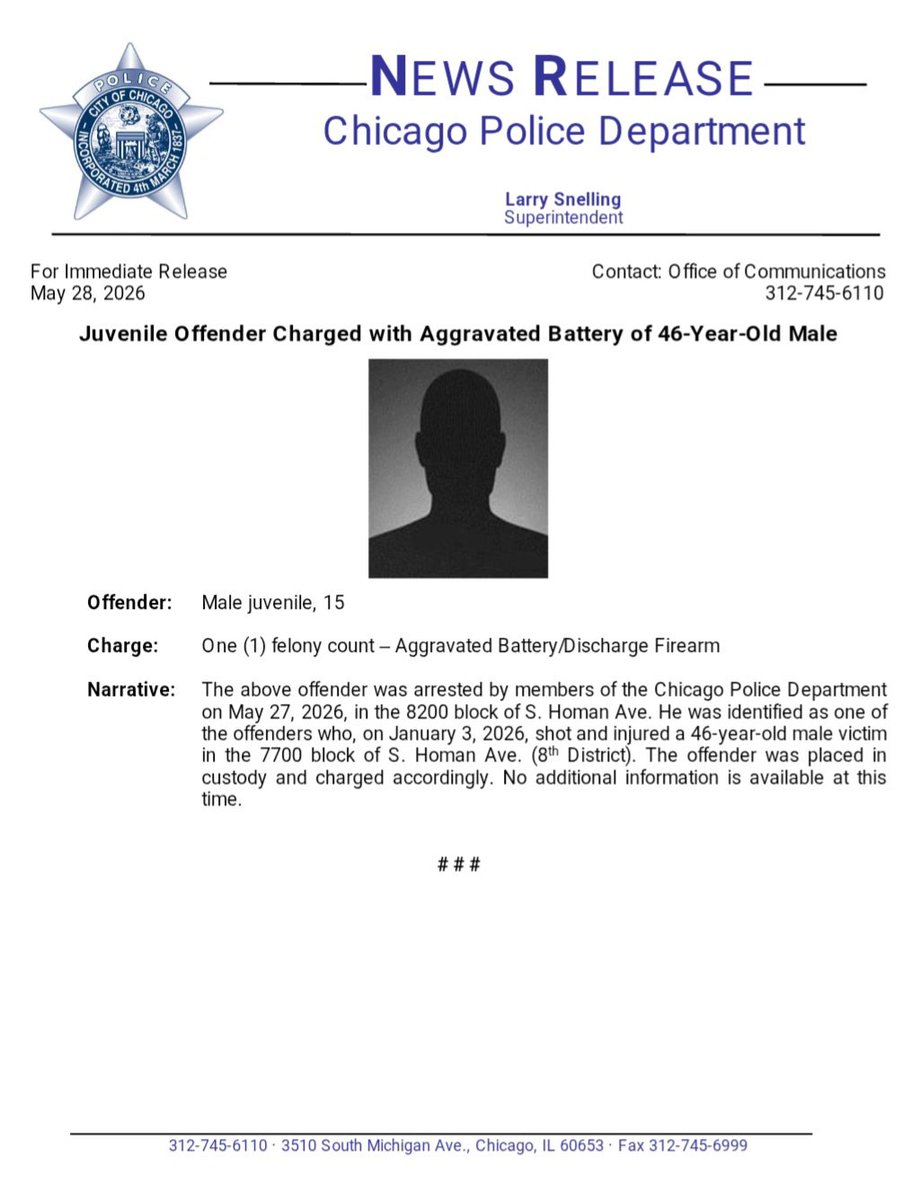 TAhern_'s tweet photo. Juvenile Offender 15, Charged with Aggravated Battery with a Firearm of 46-Year-Old Male @ChicagoCAPS08 @Area1Detectives #ChicagoPolice https://t.co/RKx2BGD0jv