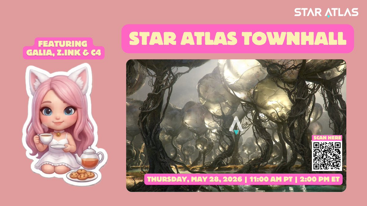 AnekoGameFi's tweet photo. Town Hall is coming up in few hours for @staratlas 🚀

These don’t come around too often, so this one feels pretty special.

We’ll be getting updates across the Star Atlas ecosystem, with a closer look at Project Galia, @ZinkSVM, and C4
Kinda excited to see what’s been moving behind the scenes

If you’re following Star Atlas, come hang with us in the Star Atlas Discord
Thursday, May 28, 2026 | 11:00 AM PT |  2:00 PM ET 🚀 

@romeguild @MUD_Empire @QuimeraSA_  @at_mwagner
@WeareStarAtlas #Web3Gaming