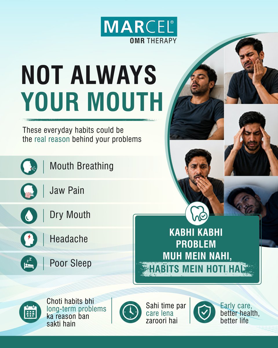 TherapyMarcel's tweet photo. Not every problem starts where it hurts. Sometimes, the real reason hides in the habits we ignore every day.

Mouth breathing, jaw pain, dry mouth, headaches, poor sleep - these aren’t “normal.” They could be signs your oral health needs attention. https://t.co/Z9o8o3BnyR