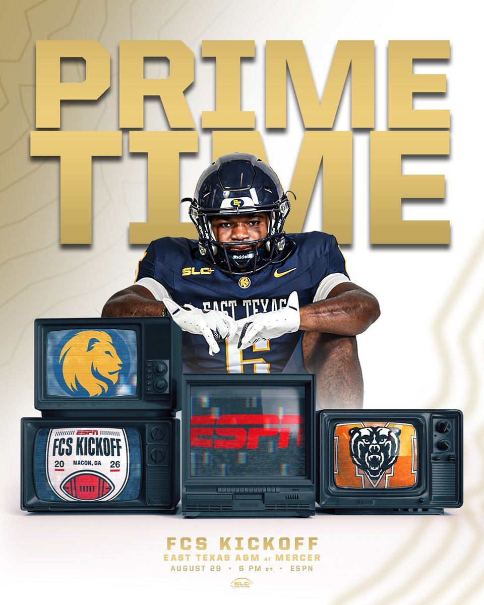 SouthlandSports's tweet photo. LIONS IN PRIME TIME 🦁🔥

East Texas A&amp;M will take on Mercer in the 2026 FCS Kickoff on Saturday, August 29 at 6 PM CT on ESPN! https://t.co/O3tnlIhmk3