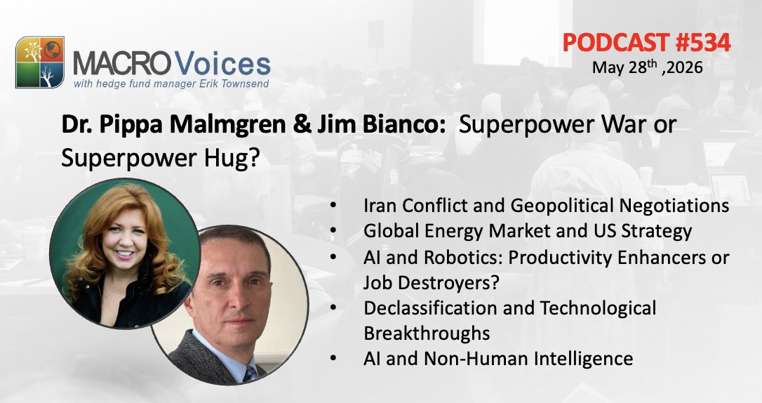MacroVoices's tweet photo. MacroVoices @ErikSTownsend  &amp; @PatrickCeresna welcome, Dr. Pippa Malmgren @DrPippaM &amp; Jim Bianco @biancoresearch.  They’ll discuss whether AI and Robotics are going to take our jobs, Nuclear Fusion, Disappearing Scientists, and much more. https://t.co/u9agStOHXW https://t.co/luQKLN2YIr