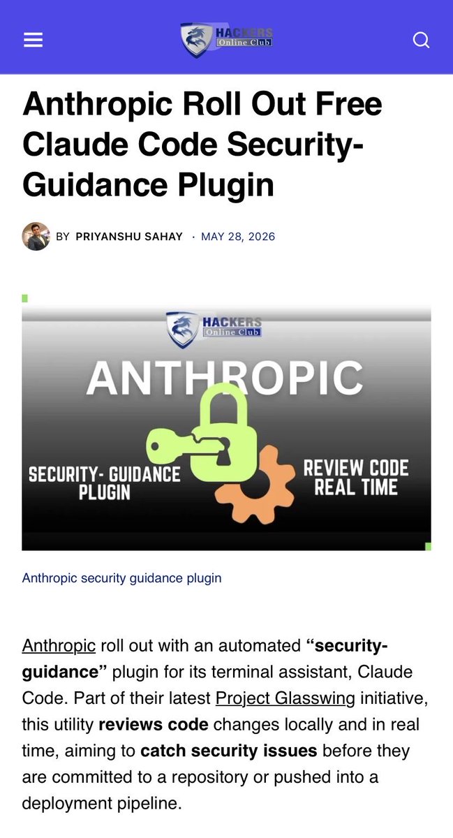 HOCupdate's tweet photo. Anthropic roll out free claude code security-guidance plugin. | Read here - 
https://t.co/zPIoFBPxn0

#infosec #anthropic #claudecode #aisecurity #cybernews https://t.co/4zPym1xNyt