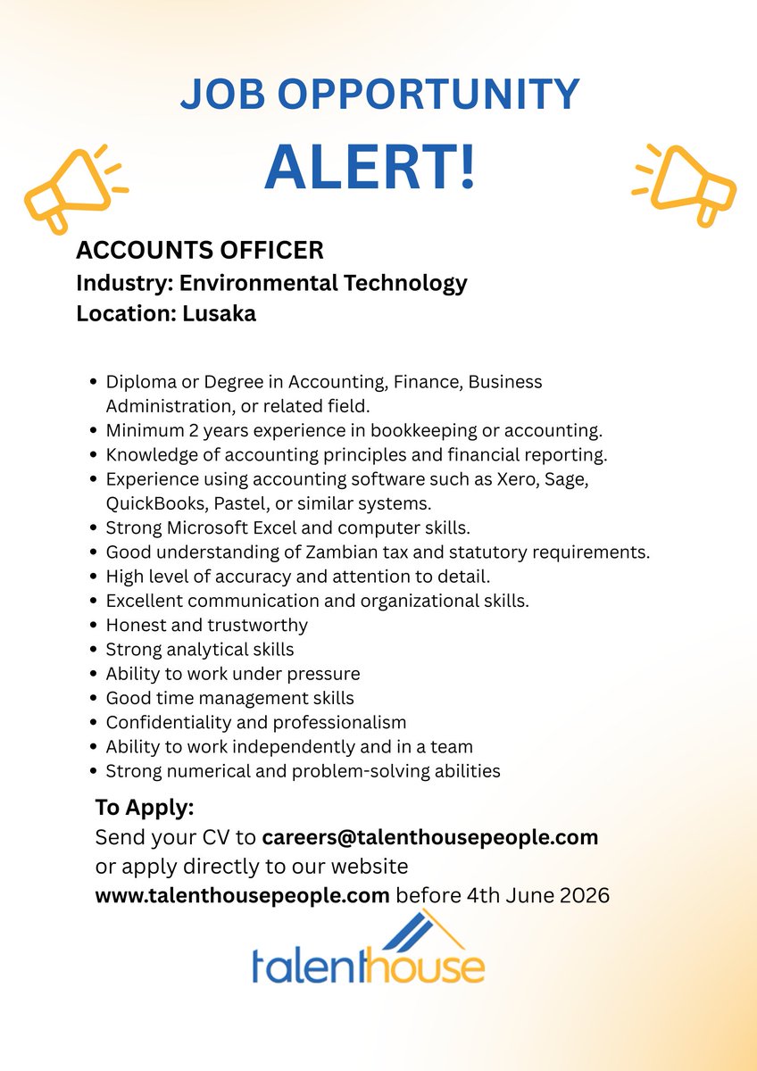 TalentHouseZM's tweet photo. Do you have a passion for numbers, strong attention to detail, and experience in accounting or bookkeeping? An exciting opportunity is available in the Environmental Technology industry for a skilled Accounts Officer to join a dynamic team. https://t.co/j27HAzMeNv