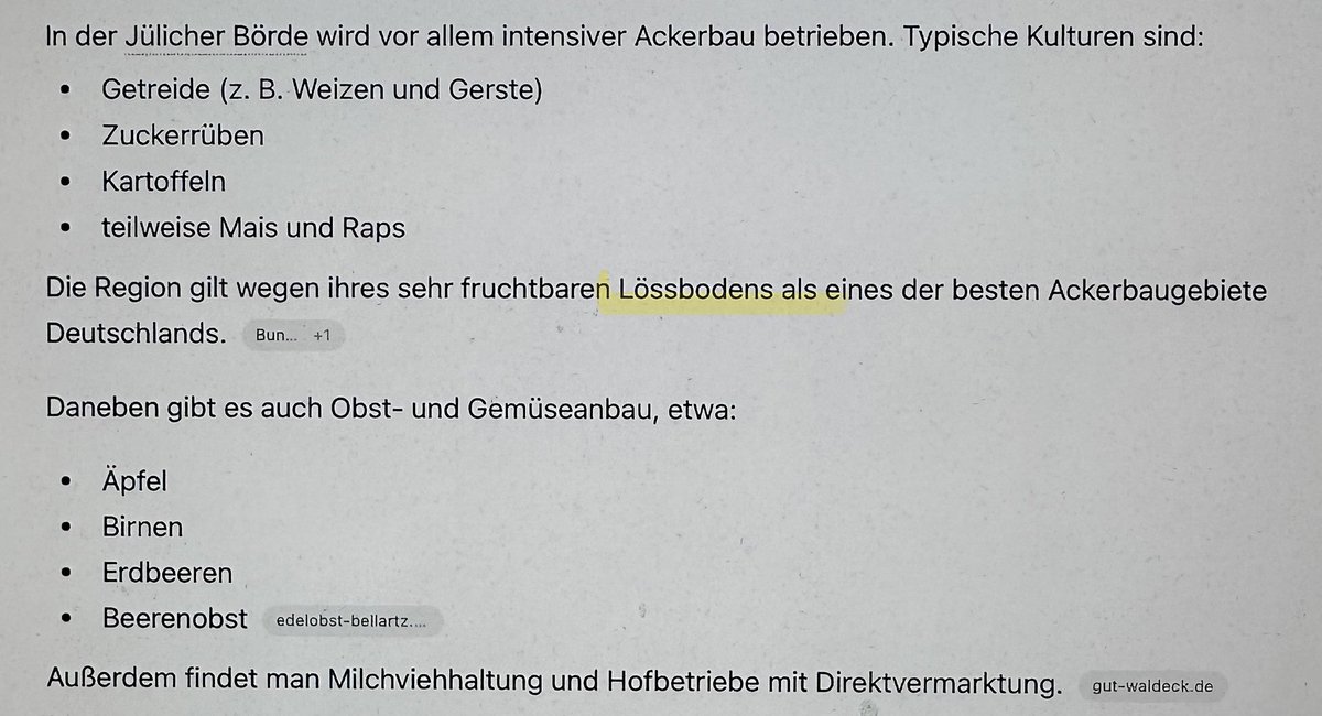 UDEWIGEO's tweet photo. Wir staunen gerade bei Klausurkorrekturen über die häufige (falsche!) Verwendung von „Lössboden“ im Kontext von Börden-Landschaften und ahnen etwas … (Bildschirmfoto von ChatGPT) - Löss ist ein Gestein und kein Bodentyp! https://t.co/kiSl8ojCTw