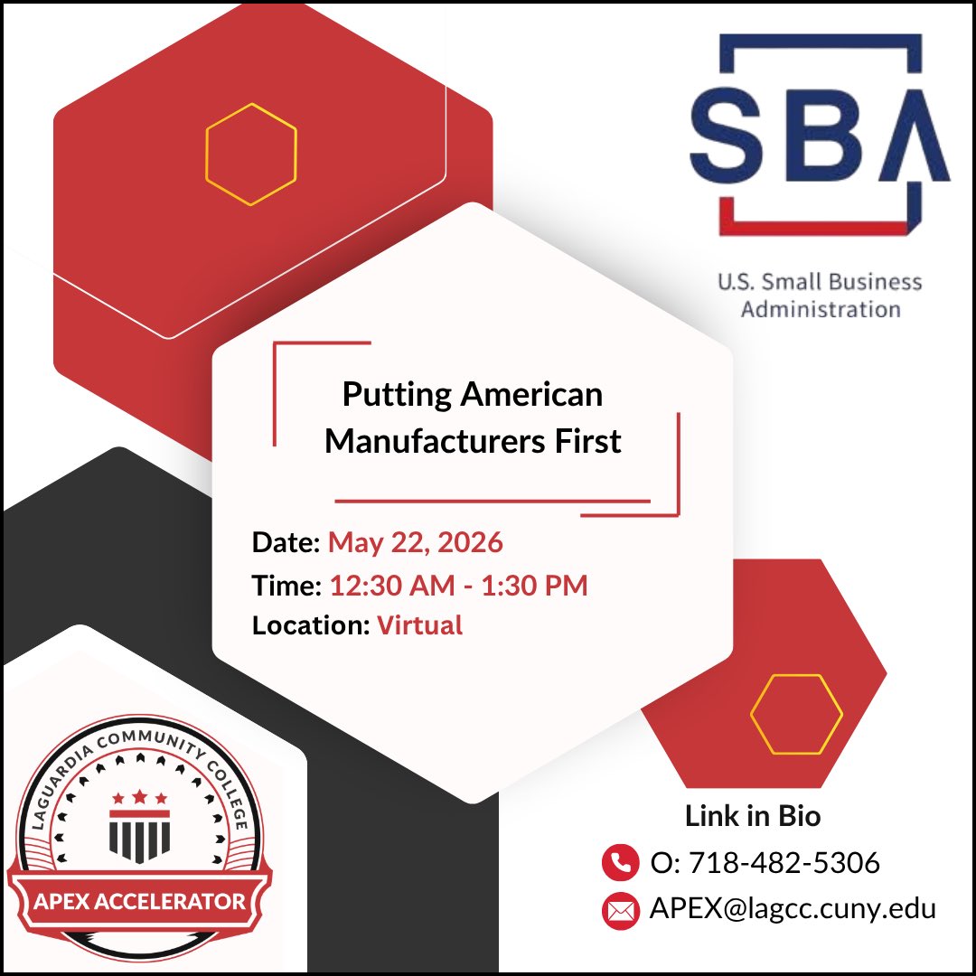 LaGuardiaAPEX's tweet photo. 🇺🇸 Join us for “Putting American Manufacturers First”

Don’t miss this informative session on May 28, 2026 from 12:30 PM to 1:30 PM. Register today and connect with industry experts and government resources!

Link in Bio

#Manufacturing #SmallBusiness #GovernmentContracting https://t.co/mDReqSVVAx