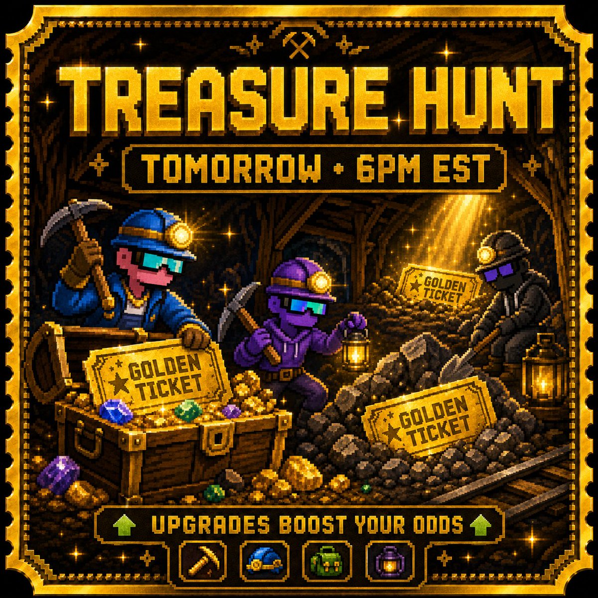 gemminerbase's tweet photo. The hunt begins tomorrow at 6PM EST. 🎟️⛏️

3 Golden Tickets are being buried in the mines.

Find one, claim the prize. Must be staked. 

And yes…

Being upgraded helps your odds of mining one.

The deeper you build… the better you hunt.

See you in the mines. 💎

https://t.co/xOWl5hRbNZ
