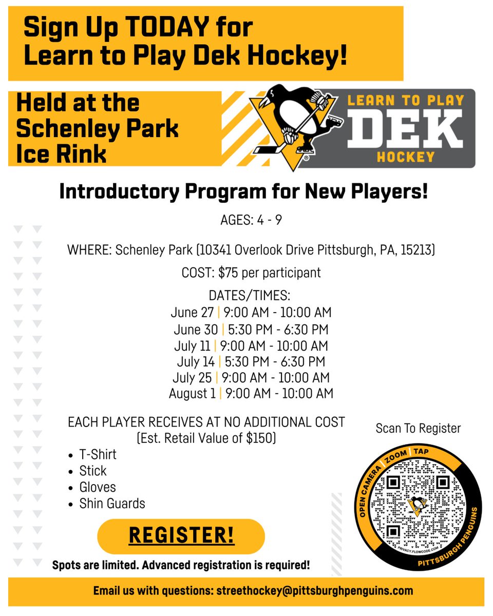 CitiParks's tweet photo. 🏒 Ready to get your little one into hockey? @penguins  Learn to Play Dek Hockey at Schenley Park is open for ages 4–9! Each player gets gear included 🥅 Spots are limited, so register today before the season starts! 🐧
https://t.co/KwMw6AbcsZ https://t.co/5aqRn7n3nn