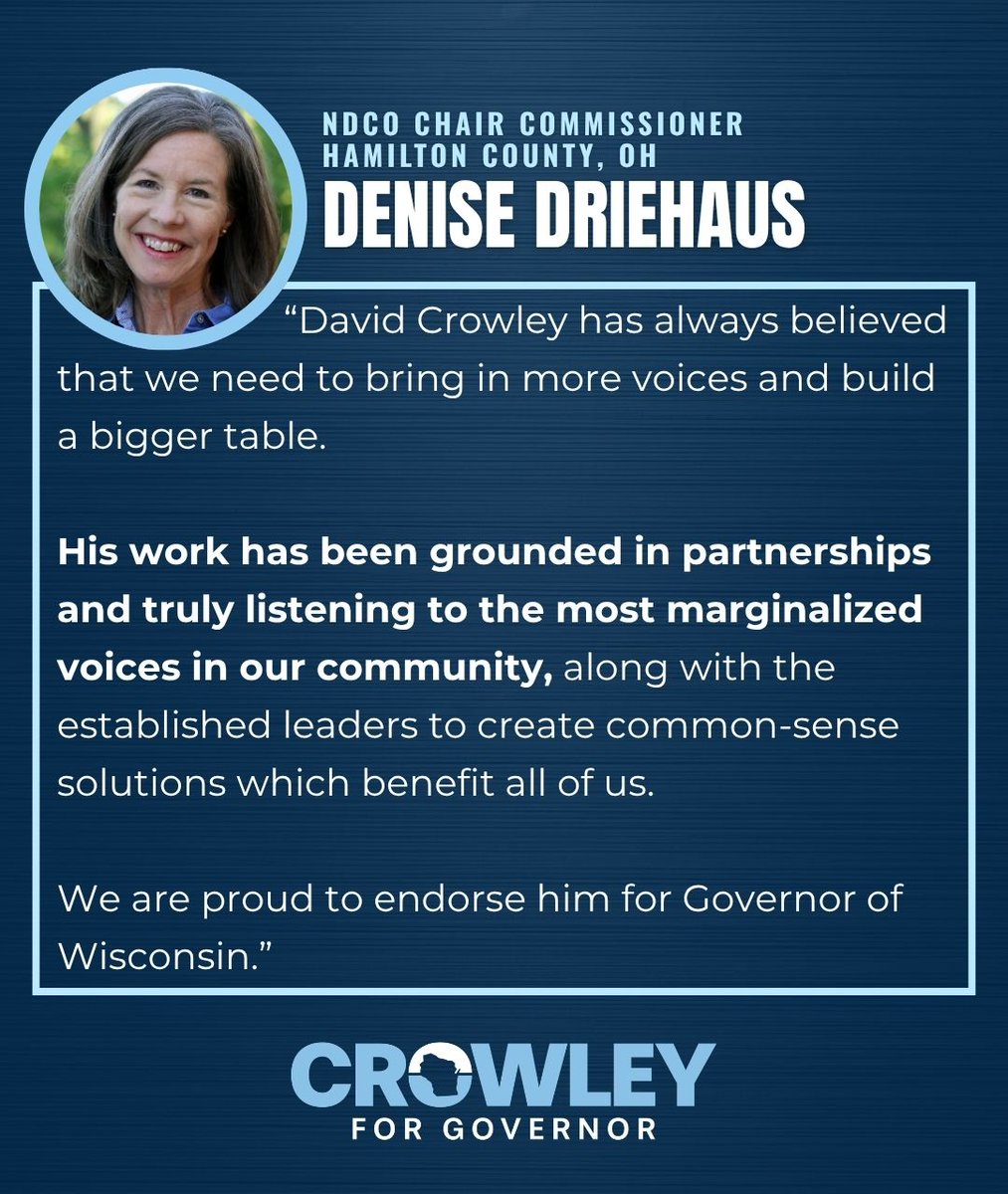DavidCCrowley's tweet photo. I am honored to have the support of @demcountyoffice and grateful for their confidence in our campaign. County leaders understand better than anyone that government works best when we bring people together, listen to our communities, and focus on delivering real results for families. That is the approach I have taken throughout my career, and it is the kind of leadership I will bring to the Governor’s office.