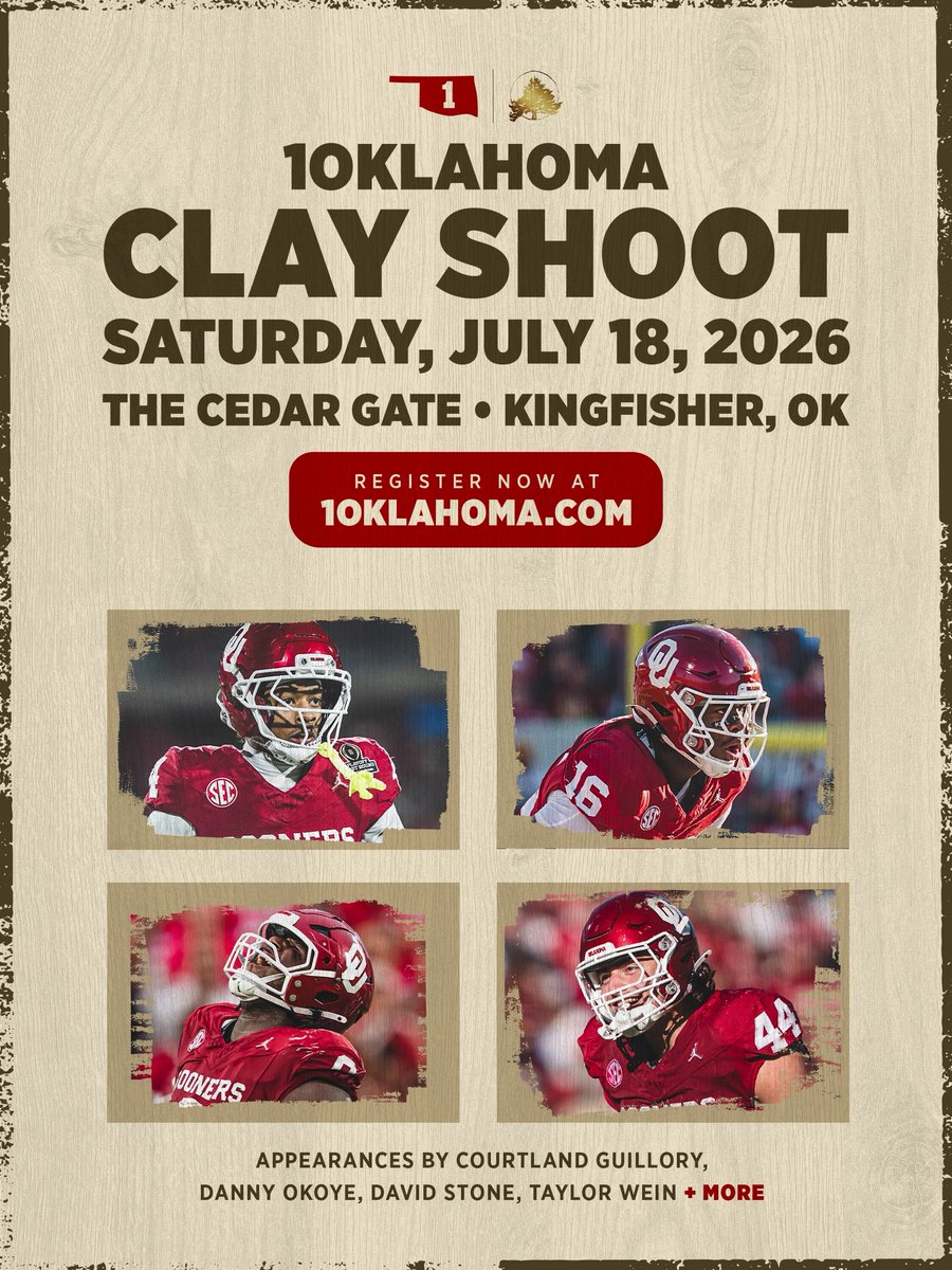 join1oklahoma's tweet photo. Take your shot with some of @OU_Football’s biggest names. 

July 18 at Cedar Gate. Register now before spots are gone. 

🎯 https://t.co/YiHu6EHlhz https://t.co/vLyC1A8LkG