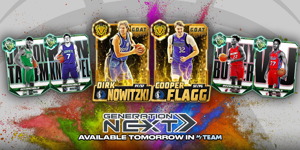 NBA2KMyTEAM's tweet photo. The future isn't coming... it's already here. 🔮✨
Generation NEXT drops in MyTEAM tomorrow, featuring the icons who paved the way and the young stars rewriting the playbook:

🐐 G.O.A.T. Dirk Nowitzki
🐐 G.O.A.T. Cooper Flagg
🐐 G.O.A.T. Paige Bueckers
🛡️ Invincible Jayson Tatum
🛡️ Invincible Kon Kneuppel
🛡️ Invincible Jimmy Butler
🛡️ Invincible V.J. Edgecombe
🛡️ Invincible Sonia Citron
💯 OVR Allen Iverson
💯 OVR Jeremiah Fears
💯 OVR Bradley Beal
💯 OVR Tre Johnson
💯 OVR Kiki Iriafen