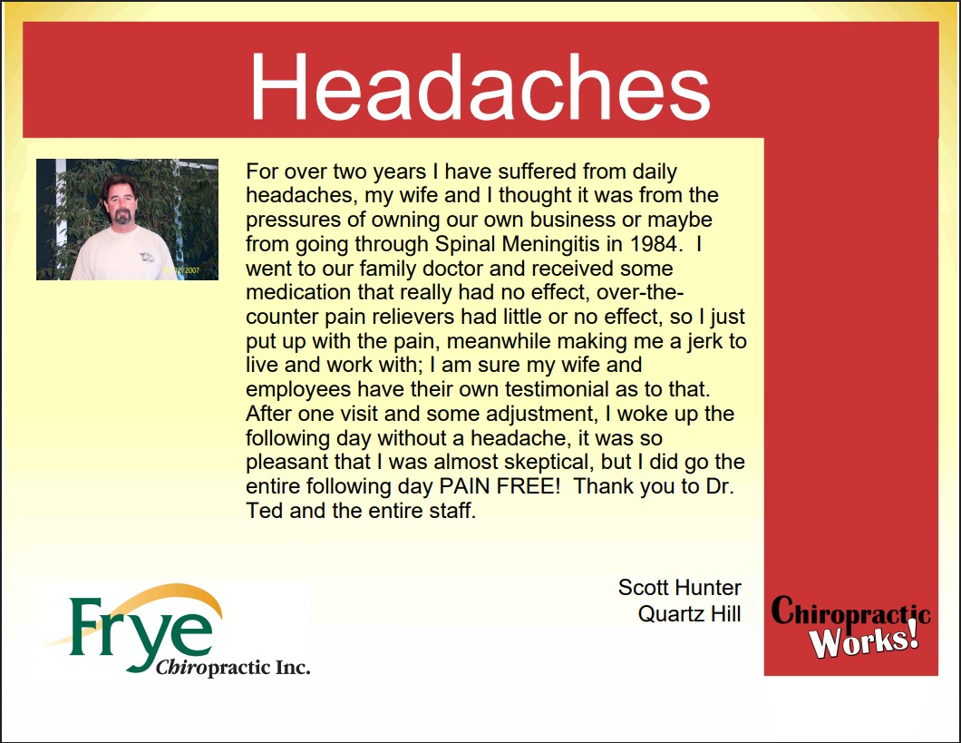 FryeChiro's tweet photo. For 2 years, this patient suffered from daily headaches. Medication gave little relief. After starting chiropractic care, he woke up the next morning without a headache... and spent the entire next day pain free. 
#headacherelief #fryechiropractic https://t.co/sciqYdhKRT
