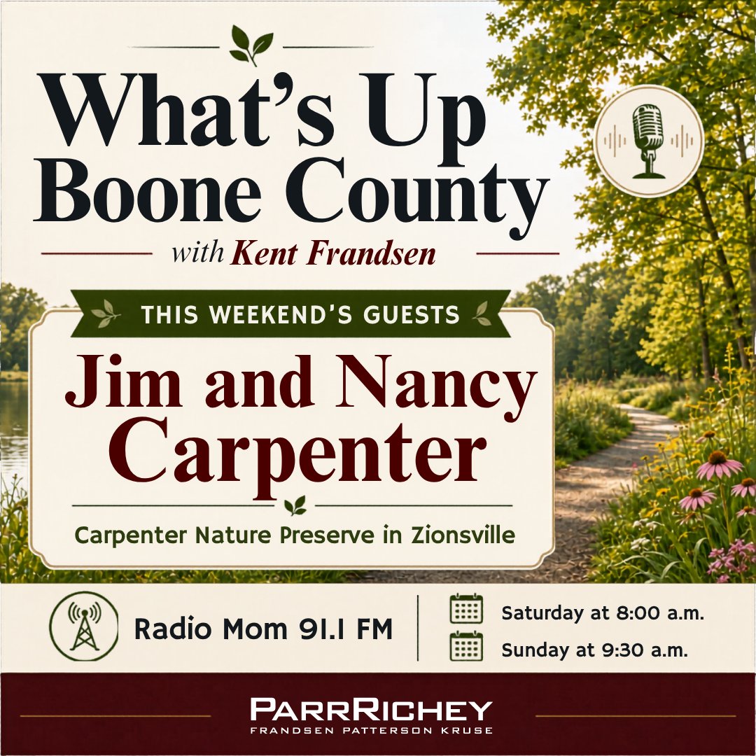 ParrRichey's tweet photo. 🎙️Tune in this weekend to “What’s Up Boone County” on Radio Mom 91.1 FM!

This week, Kent Frandsen is joined by Jim and Nancy Carpenter to discuss the Carpenter Nature Preserve in Zionsville.

📻Saturday at 8:00 AM
📻Sunday at 9:30 AM

#WhatsUpBooneCounty #RadioMom #BooneCounty https://t.co/lFagLoK1gX