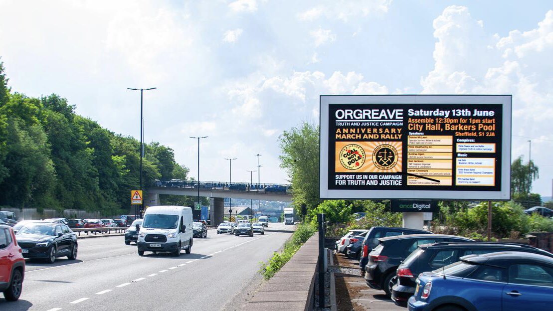 orgreavejustice's tweet photo. Giant advertising screens up on Sheffield Parkway promoting our March &amp; Rally 13th June 2026. Looking forward to seeing you there ✊🪧 
https://t.co/BnXCgA8Mhb https://t.co/OGYp2e8F3z