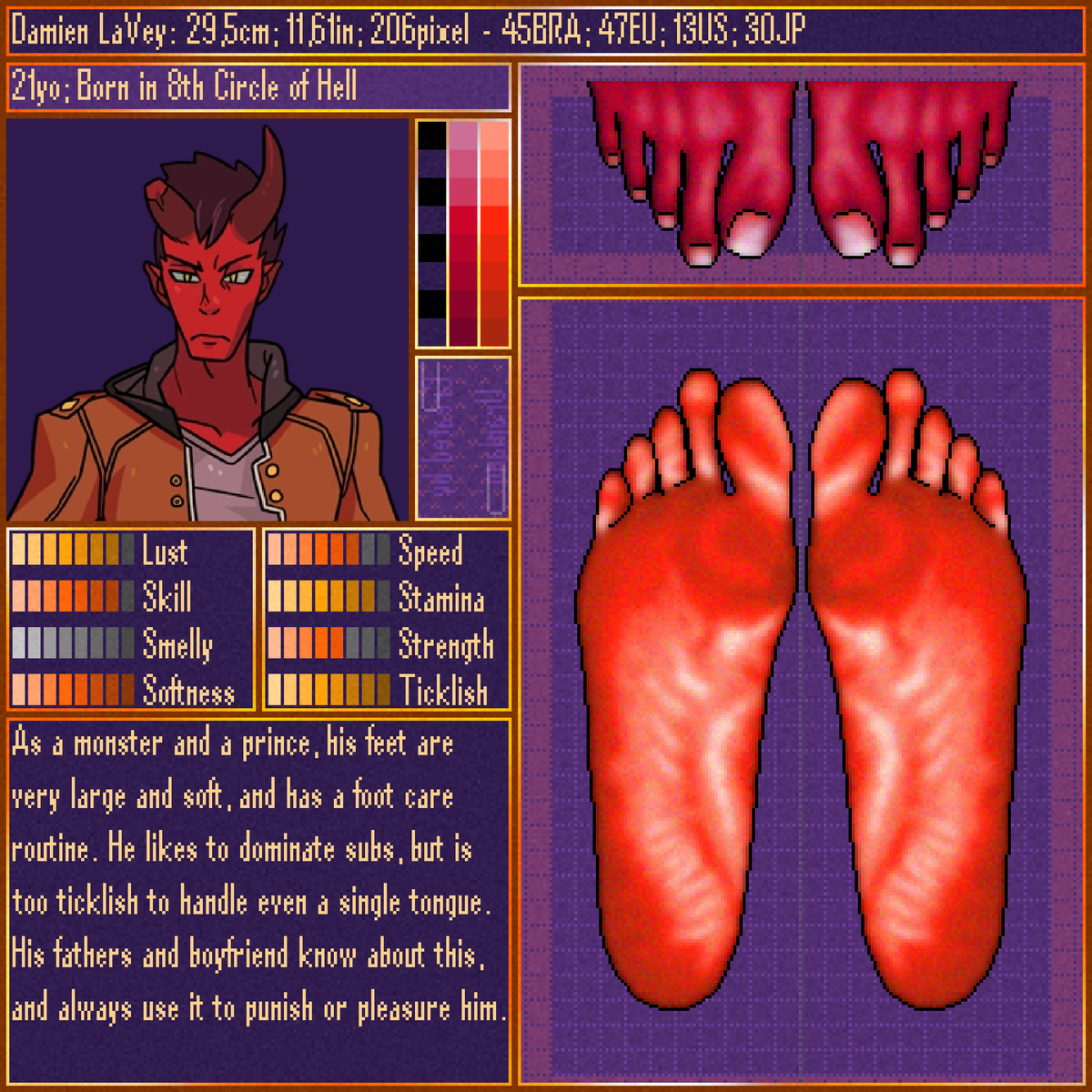 Feat_Uraniano's tweet photo. #MonsterProm #Feet Chart: Daimen Lavey

I think this guy is some kind of cousin of mine, super well-known here in hell. I'm from the rare branch of purple demons, and he's more of a classic lineage. 

*Drawing made for an anonymous client, thank you again! https://t.co/1SbYvBOam5