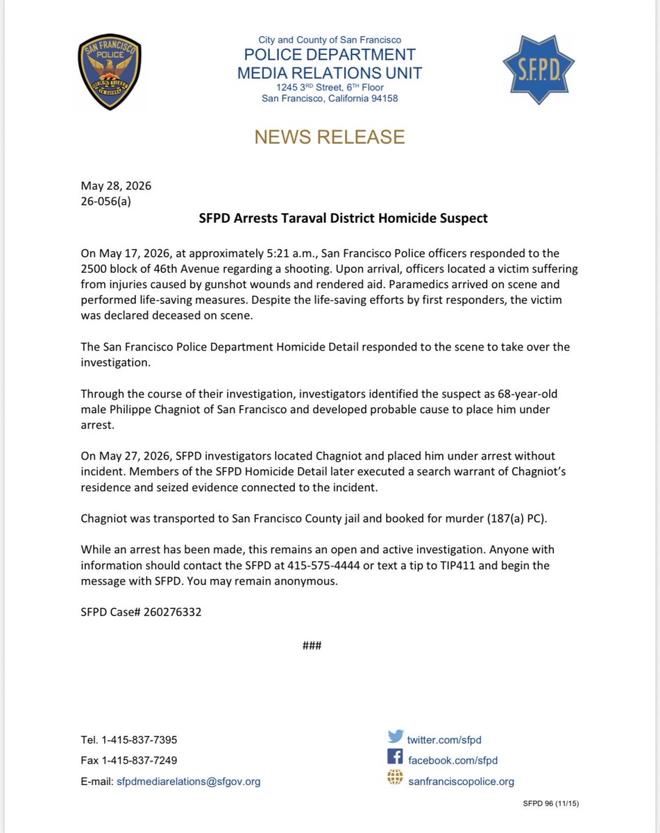 SFPD's tweet photo. SFPD Arrests Taraval District Homicide Suspect https://t.co/idjYheA42W