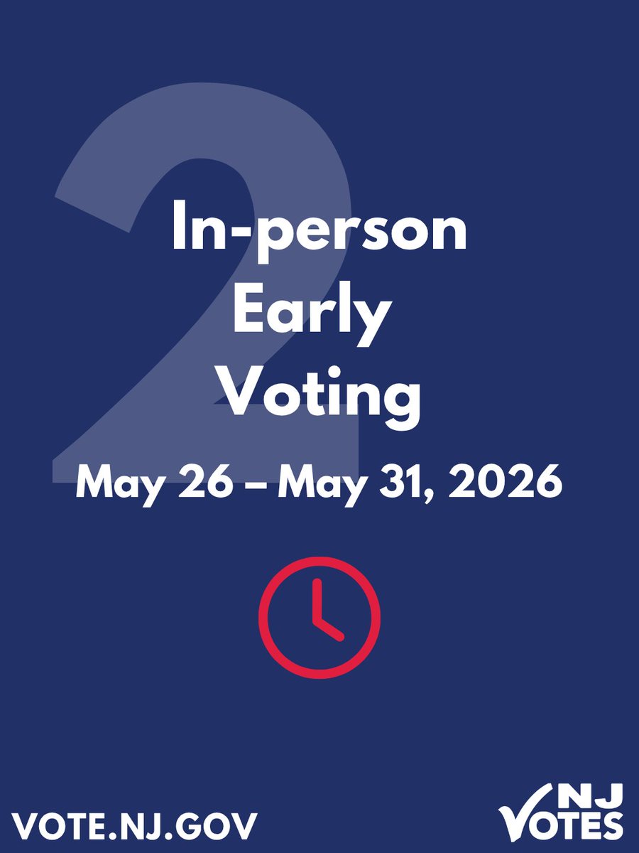 NJ_Votes's tweet photo. Planning to vote in the 2026 Primary Election? NJ Voters have 3 ways to vote:
1. At your polling place on Election Day (6am to 8pm)
2. In-person early voting (happening now through Sunday, May 31)
3. Vote by mail

For more info, visit https://t.co/zLQu7O8lvD. #NJVotes https://t.co/7jQqYmTTex