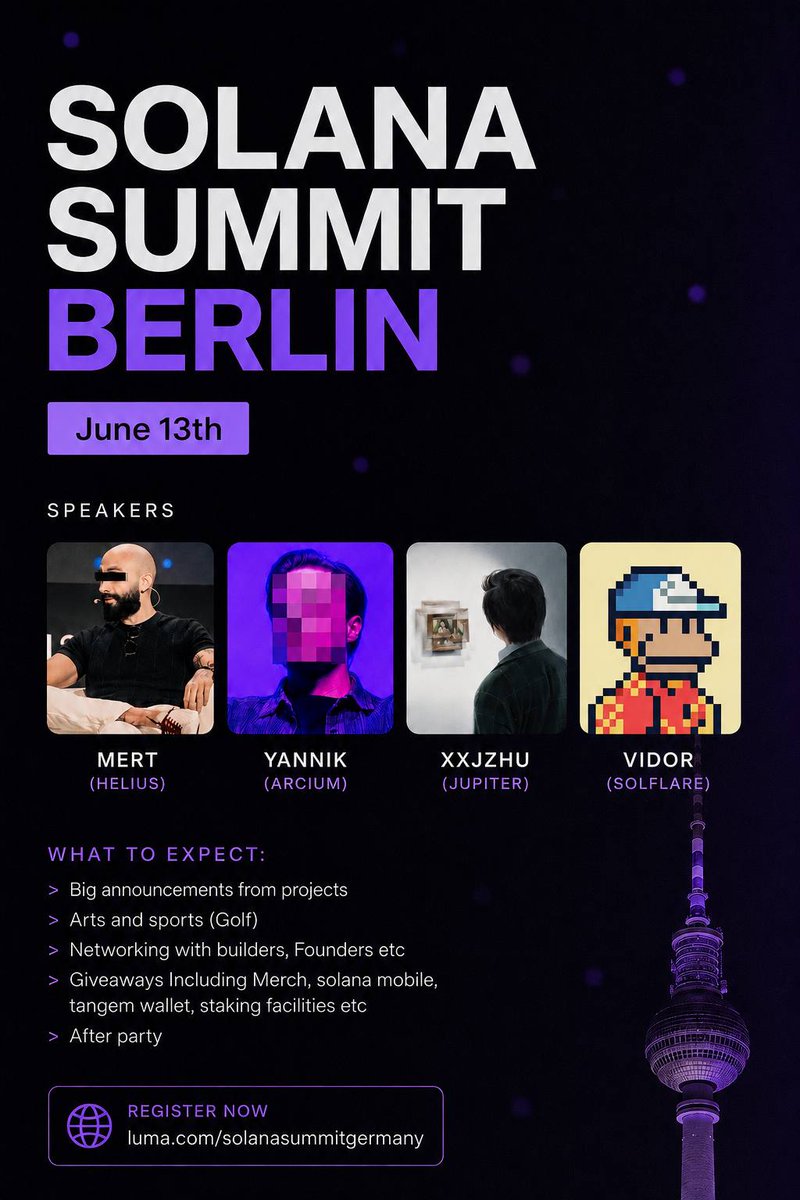jussy_world's tweet photo. If you care about the Privacy + AI narrative

Solana Summit Germany might be one of the most important events this month

Berlin, June 13

@yrschrade from @Arcium is speaking - Largest active confidential compute ecosystem in crypto

If Arcium announces anything big in Berlin, you’ll be the first one who will know

Also featuring:

@mert
@vidor_solflare
@xxjzhu

Lamborghini, Tangem wallets, Jupiter Perps competition and more

Free entry:
https://t.co/K2lOI0Y4Gu