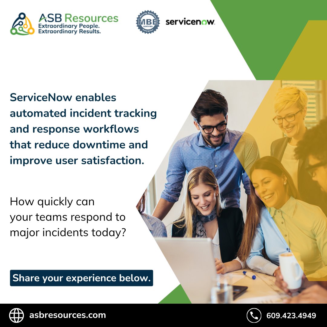 ASB_Resources's tweet photo. Organizations need faster incident resolution to maintain service reliability. ServiceNow enables automated incident tracking and response workflows that reduce downtime and improve user satisfaction. 
#ServiceNow #IncidentManagement https://t.co/ygQwJGHSsI