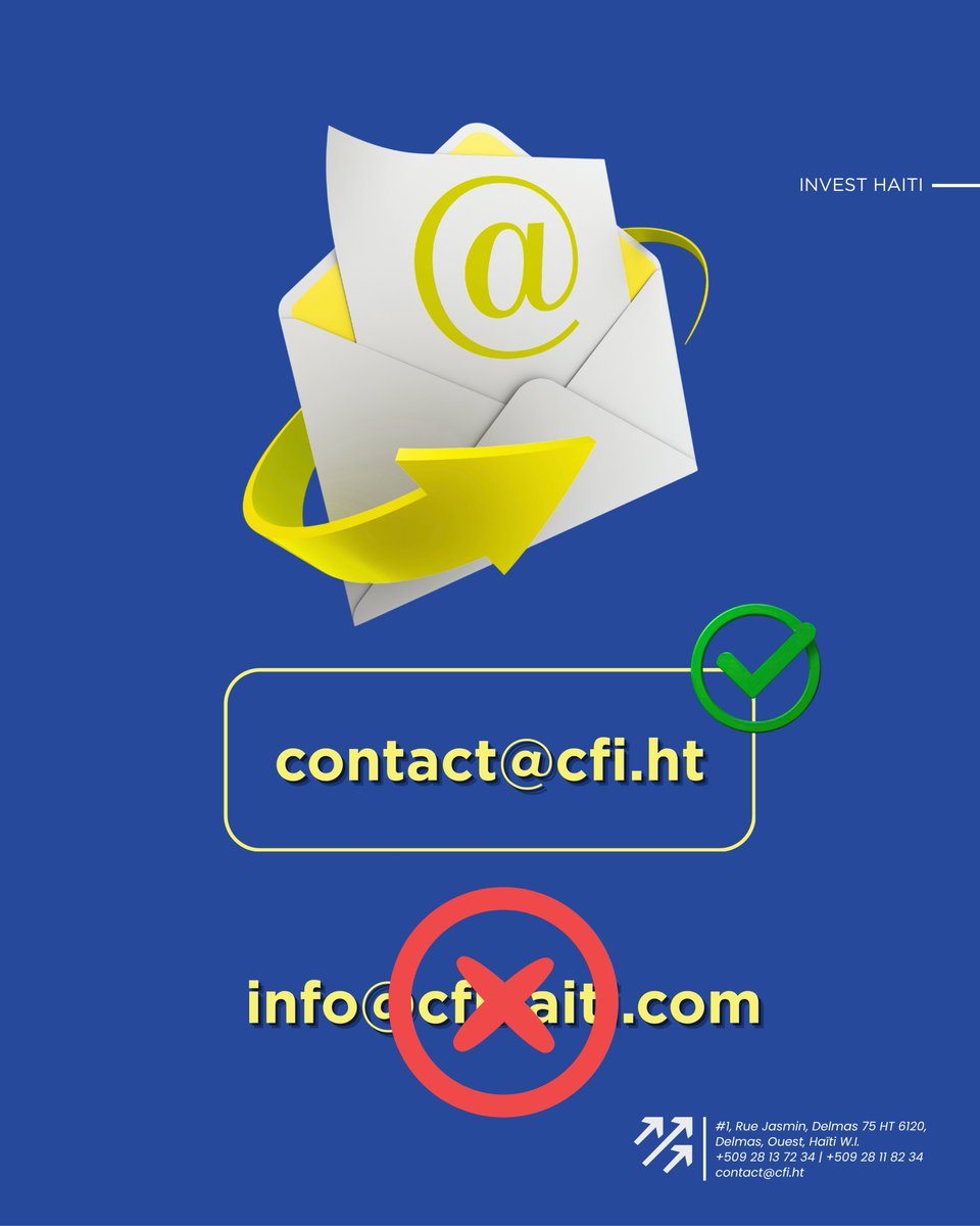 CFIHT's tweet photo. Pour toutes vos demandes d'accompagnement, questions sur les investissements ou informations sur nos services, une seule adresse : contact@cfi.ht

#cfi #investhaiti https://t.co/hvcSv0OQYE