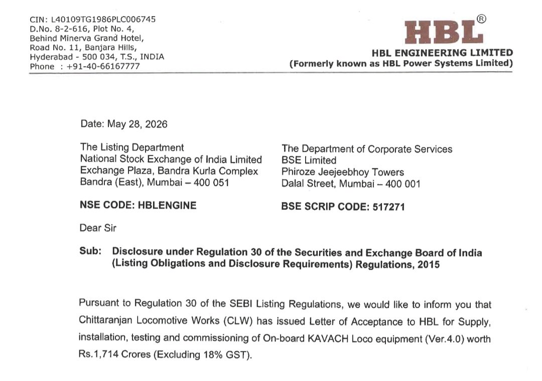 AethosWealth's tweet photo. #HBLEngineering gets Kavach order worth Rs. 1,714 cr ( to be executed within next 12 months) https://t.co/1ifj7fKr3E